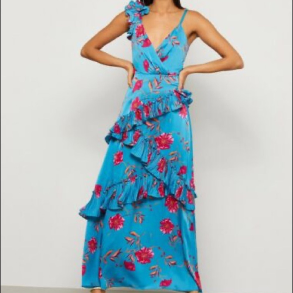 BCBG MaxAzria Montego Bay Blue Floral Frill Dress